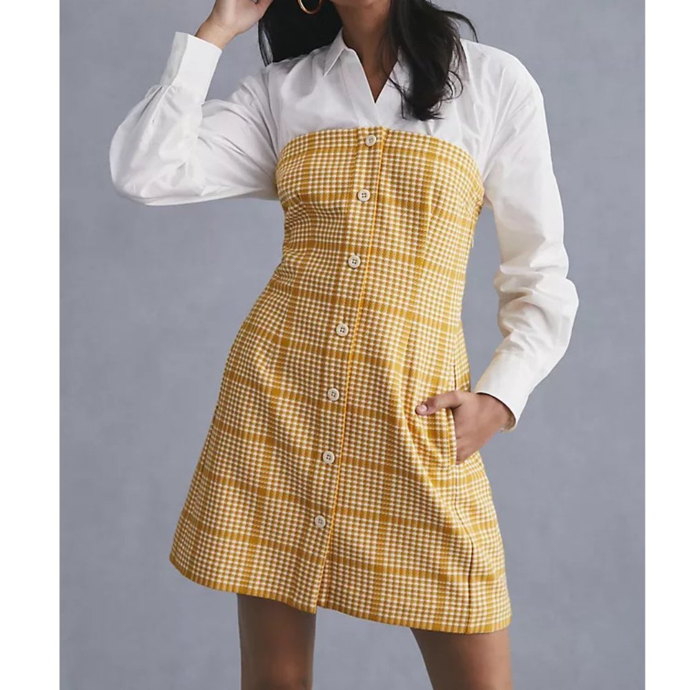 Anthropologie Maeve Knit Twofer Mini Dress Gold Yellow Plaid - 1X Plus